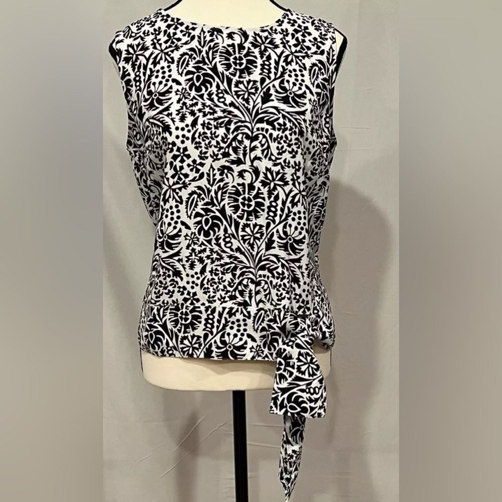 Talbots Floral Artsy Design Sleeveless Keyhole Tie‎ Waist Button Back Top Size M